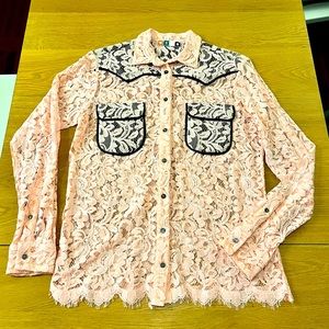 RARE! MSGM Pink Chantilly Lace w/ Black Trim Western Long Sleeve Button Down Top